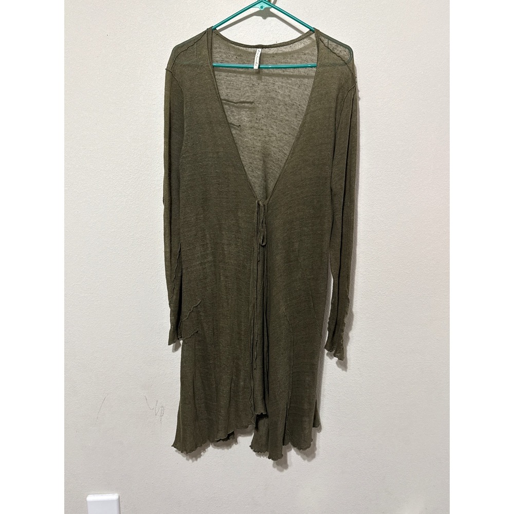 Homefrocks Tie Front Duster Cardigan Womens One Size Olive Green Linen Boho